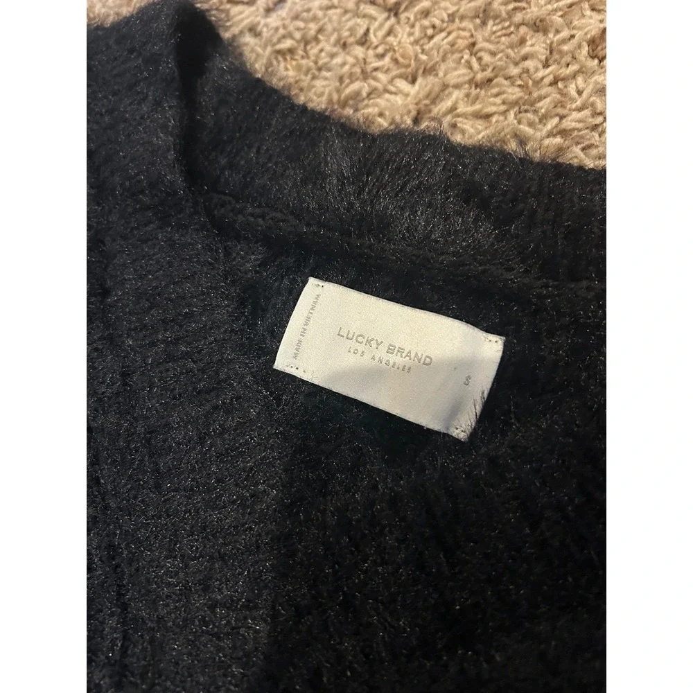 Lucky Brand Womens Black Fuzzy Cable Knit V-Neck Sweater‎ Size S